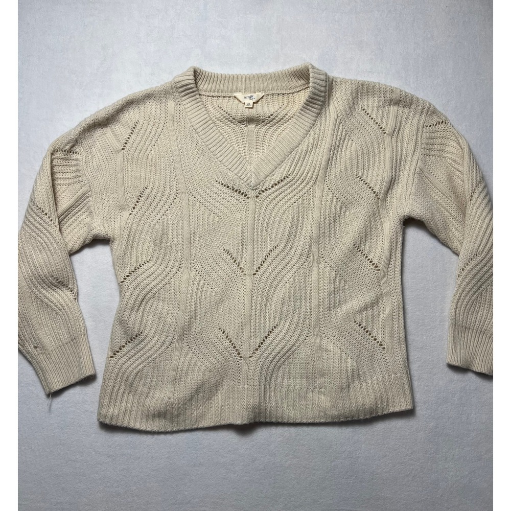 Terra & Sky 0X Sweater Boho Pointelle Cable Knit Beige V-Neck Pullover Cottage